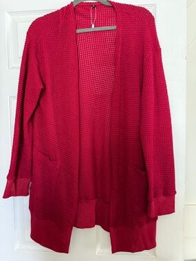 Women’s Open-Front Red Waffle Knit Cardigan